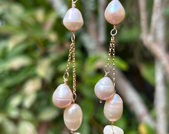 Puka shell and pearls earrings, sea shell dangles, kauai jewelry, gold filled earrings, white pearl jewelry, pearl bridal set
