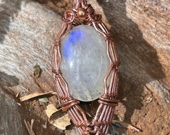 Wire wrapped moonstone in copper, rainbow moonstone pendant, copper jewelry