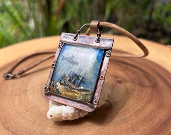 Mini painting pendant, shark jewelry, shipwreck art, up-cycled copper necklace, miniature painting pendant, chunky jewelry, shark necklace