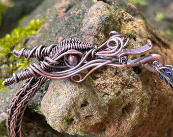 Dragon bracelet, viking knit chain, solid copper bracelet, dragon head , upcycled wire, wire dragon, fantasy jewelry, cosplay accessory