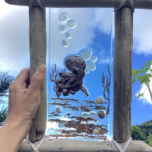 Sea glass window, octopus art, nautical window, beach glass frame, driftwood art, beach house decor, coastal wall hanging