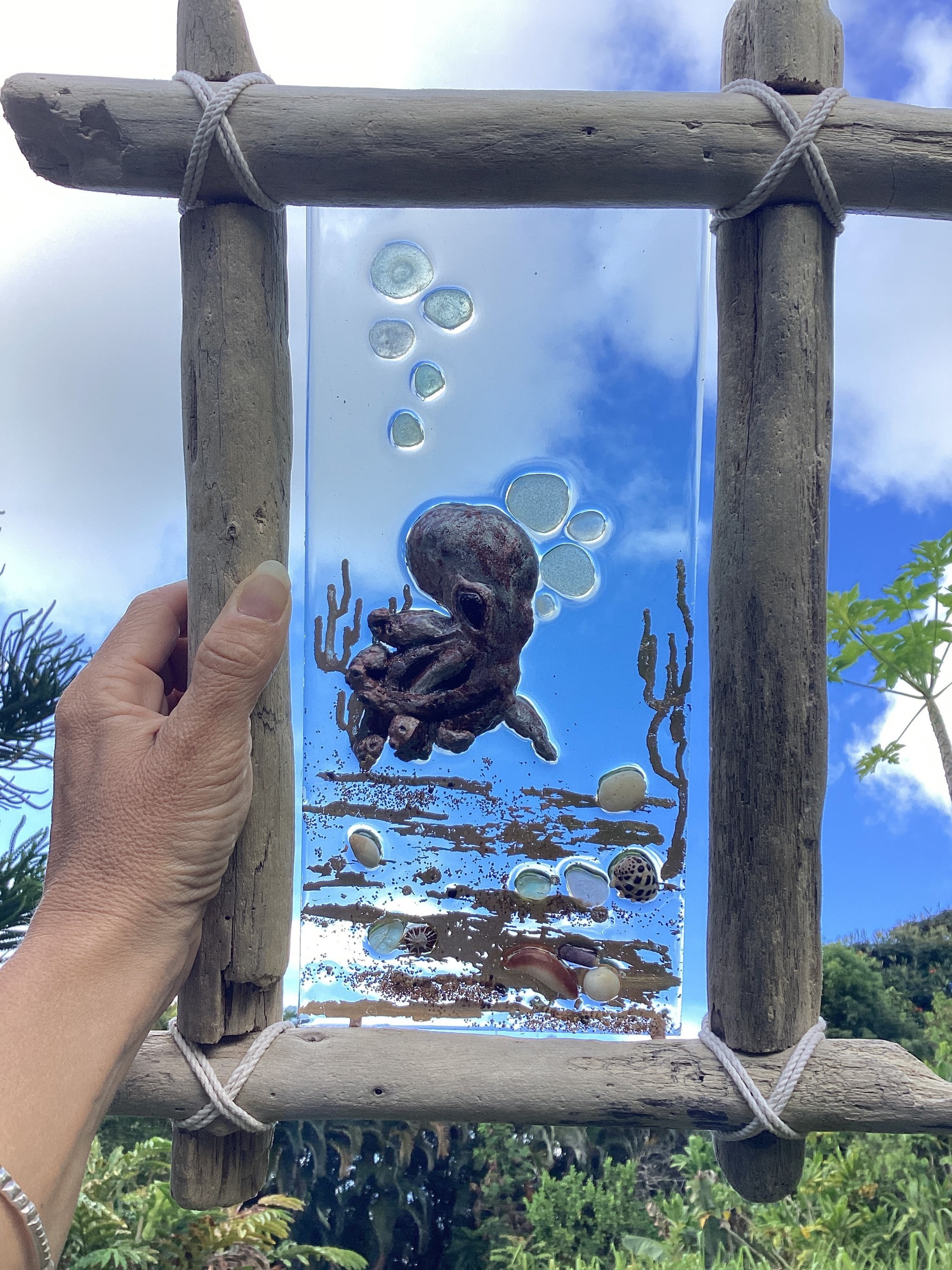 Sea glass window, octopus art, nautical window, beach glass frame, driftwood art, beach house decor, coastal wall hanging