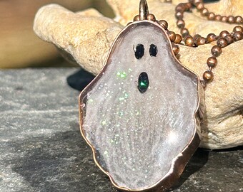 Glow in dark ghost, upcycled copper necklace, witchy jewelry, 3D painting , gothic pendant, ghost necklace, unusual jewelry