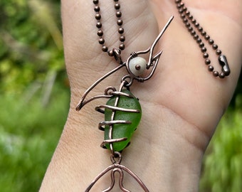 sea glass necklace, fish bone jewelry, recycled jewelry, puka shell necklace, made on kauai