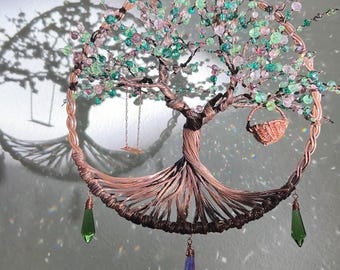 3D Tree of Life Suncatcher, Crystal Beads, Copper Sculpture