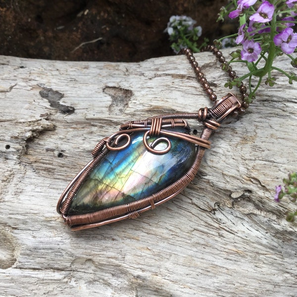 Labradorite necklace, wire jewelry, wire wrapped stone, copper pendant, intricate necklace, handmade jewelry, heart labradorite