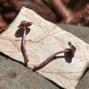 May include: Two small, rose gold mushroom-shaped earrings. The earrings are made of metal and have a smooth, polished finish.