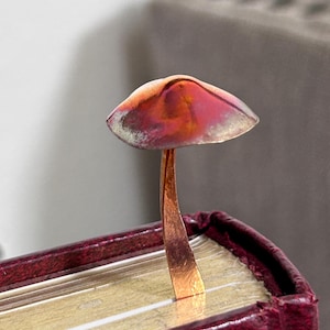 Może przedstawiać: Zakładka do książki w kształcie grzyba wykonana z miedzi z iryzującym wykończeniem w kolorze czerwonym i pomarańczowym. Zakładka znajduje się w książce z czerwoną skórzaną okładką.