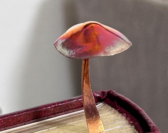Flame Painted Copper Mushroom Bookmark, sustainable book decor, small gift, fungui art