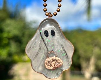 Glow in dark ghost, upcycled copper necklace, witchy jewelry, 3D painting , gothic pendant, ghost necklace, unusual jewelry