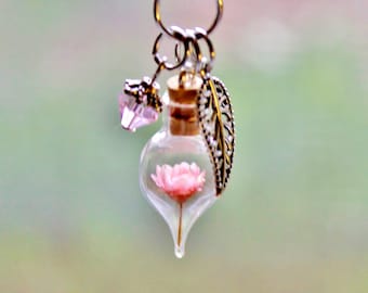 Dainty Terrarium Necklace: Pink Dried Flower, Antique Silver Leaf