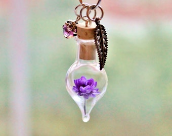 Amethyst Jewelry Unique Gift for Women Terrarium Necklace February Birthstone Floral Jewelry Dried Flower Necklace Glass Bottle Necklace