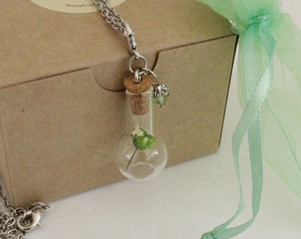 Crystal Terrarium Necklace Unique Gift Green Dried Flower Necklace Summer August Birthstone Floral Nature Jewelry Glass Bottle Necklace