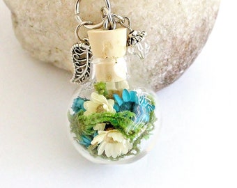 Unique Gift Terrarium Necklace for Women Summer Jewelry Nature Garden Turquoise Ivory Flower Necklace  Blue Jewelry Glass Bottle Necklace