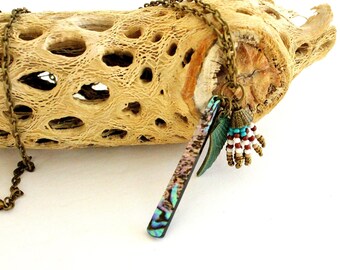 Unique Gift Boho Jewelry Southwestern Tassel Necklace Hippie Summer Jewelry Green Wing Abalone Drop Turquoise Brass Beads Antique Bronze