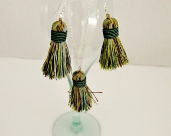 Unique Gift Tassel Jewelry Set Tassel Necklace Tassel Earrings Sterling Silver Long Chain Silver Plated Ear Wires Aqua Blue Turquoise Green