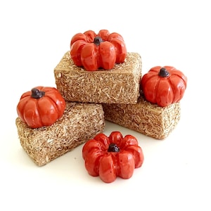 May include: A collection of miniature pumpkins in a glossy orange-red hue, each with a dark brown stem, are arranged atop small, square hay bales. The hay bales have a textured, straw-like appearance, creating a rustic autumn theme.