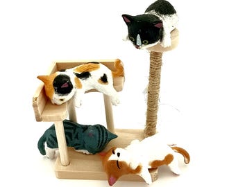 Miniature Cat Figurines or Wood Cat Tree, Dollhouse Fairy Garden Accessory