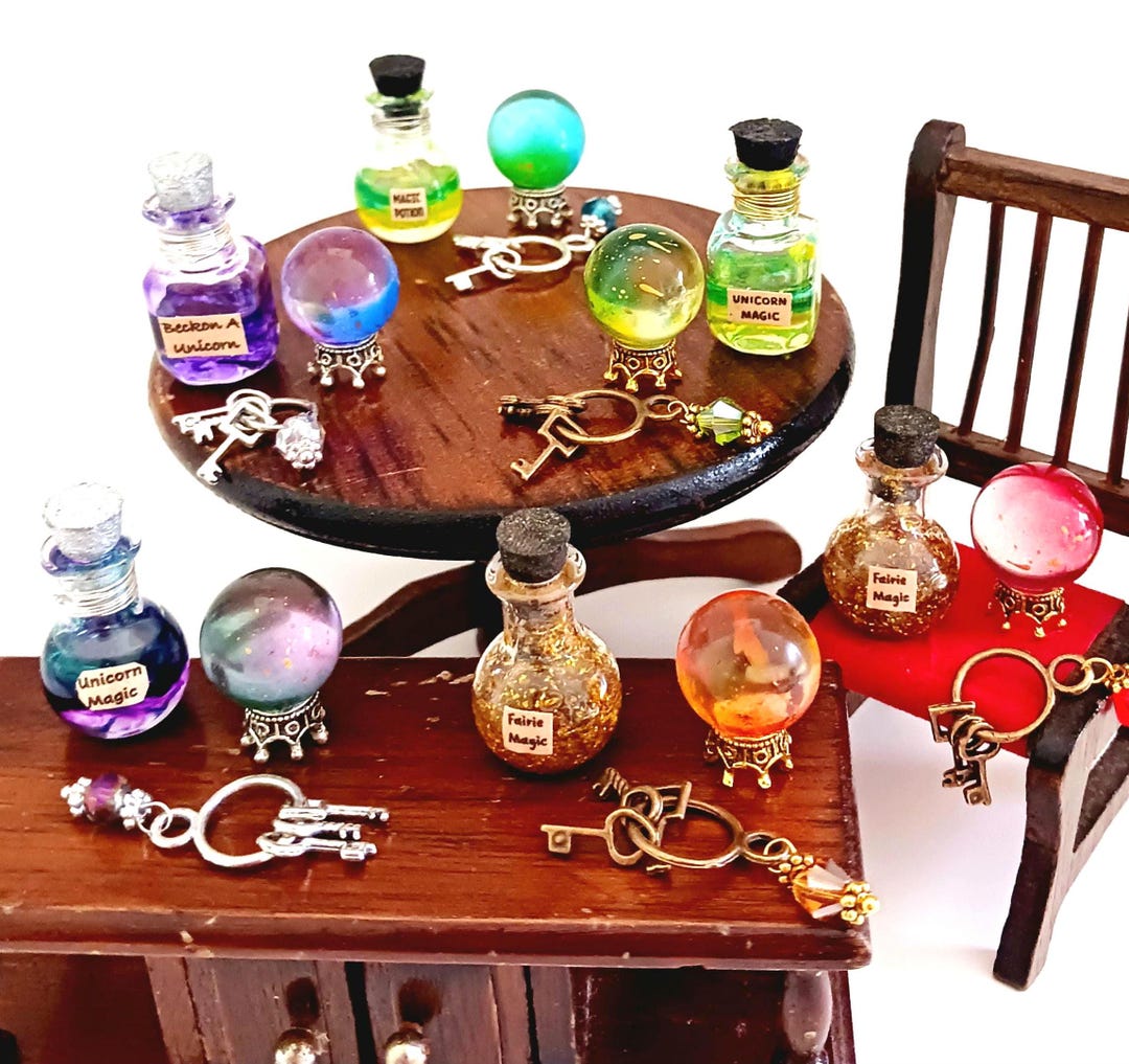 Miniature Potion Bottle Set: Crystal Ball & Key, Dollhouse Fairy Garden ...