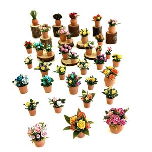 May include: A collection of miniature potted plants featuring various colorful flowers in small terracotta-colored pots. Some pots are displayed on small wooden log slices, while others sit directly on the surface. The flowers include roses.