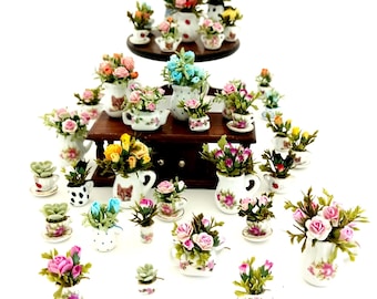 Dollhouse Miniature Plant in Ceramic Tea Cup: Fairy Garden Decor, 1/12 Scale