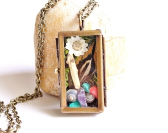 Shadow Box Terrarium Necklace, Nature Jewelry Boho Necklace, Feather, Dried Flower, Gemstones, Shells, Statement Necklace