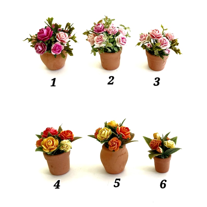 May include: Six miniature potted flower arrangements in terracotta-colored clay pots, labeled 1 through 6. The top row features pink and white roses, while the bottom row displays yellow, orange, and red roses with green leaves.