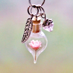 Unique Gift Spring Prom Jewelry Pink Flower Terrarium Necklace Mother Day Gift for Women Floral Jewelry Nature Jewelry Glass Bottle Necklace image 3