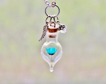 Turquoise Jewelry Terrarium Necklace Unique Gift for Women Boho Jewelry April Birthstone Angel Wing Nature Jewelry Glass Bottle Necklace