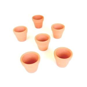 May include: Six terracotta flower pots of various sizes, arranged on a white surface.