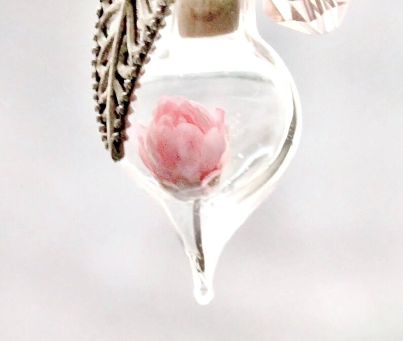 Unique Gift Spring Prom Jewelry Pink Flower Terrarium Necklace Mother Day Gift for Women Floral Jewelry Nature Jewelry Glass Bottle Necklace image 4