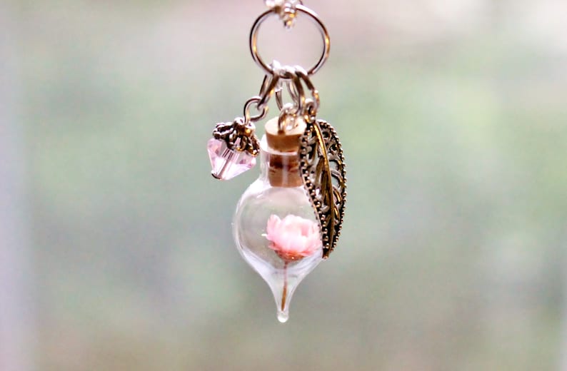 Unique Gift Spring Prom Jewelry Pink Flower Terrarium Necklace Mother Day Gift for Women Floral Jewelry Nature Jewelry Glass Bottle Necklace image 7