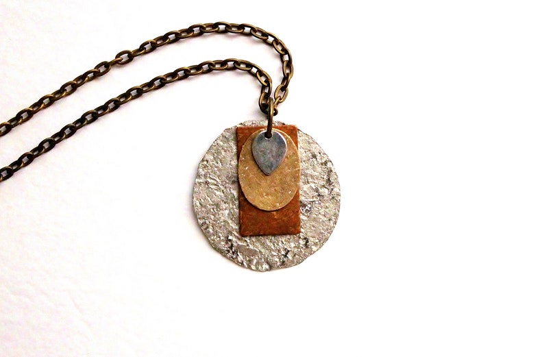 Mixed Metal Boho Jewelry Textured Hammered Natural Brass Sterling Silver Hippie Layered Pendant Statement Necklace Artisan Copper Earthy image 4