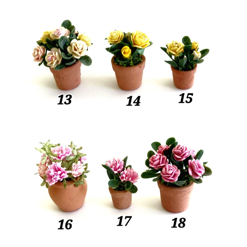 May include: Six miniature potted plants labeled 13 through 18. Items 13, 14, and 15 feature yellow and cream flowers in terracotta pots. Item 16 has pink flowers in a rounded pot, 17 has small pink blooms, and 18 has deep pink flowers in a pot.