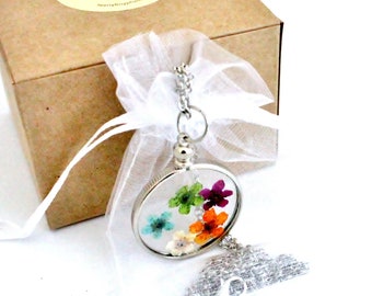 Glass Locket Pressed Flower Necklace Colorful Terrarium Necklace Unique Gift Floral Nature Jewelry Glass Frame Summer Garden Botanical