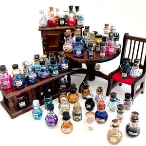 May include: A collection of miniature glass bottles with cork tops, filled with colorful liquids and glitter. Each bottle has a label with a different magical potion name, such as "Love Potion", "Black Magic", and "Unicorn Tears". The bottles are arranged on wooden shelves and tables, creating a whimsical and enchanting scene.