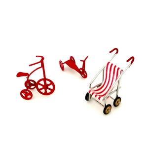 Dollhouse Miniature Toy 1:12 Scale Fairy Garden Accessory Miniature Dollhouse Accessory Choose Bike Stroller Scooter Metal Vintage Style