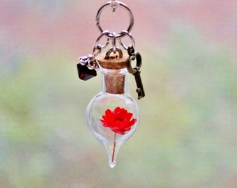 Unique Valentines Day Gift for Women Love Heart Terrarium Necklace Key Charm Garnet Crystal Dried Flower Glass Bottle Necklace Floral