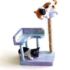 Miniature Cat Figurines Miniature Dollhouse Set 2 Cats and Tower Miniature Diorama Gift for Cat Lover Fairy Garden Accessories Mini Cat Toy