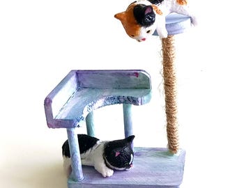 Miniature Cat Figurines: Dollhouse Cats and Tree Diorama