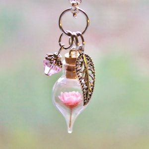 Unique Gift Spring Prom Jewelry Pink Flower Terrarium Necklace Mother Day Gift for Women Floral Jewelry Nature Jewelry Glass Bottle Necklace image 5