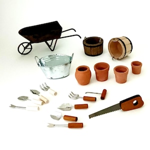 May include: A miniature gardening set with a wheelbarrow, a metal bucket, wooden barrels, terracotta pots, and a variety of gardening tools, including rakes, shovels, and a saw.