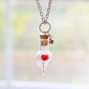 Unique Valentines Day Gift for Her Red Flower Terrarium Necklace Gift for Wife Nature Jewelry Gift for Girlfriend Flower Jewelry