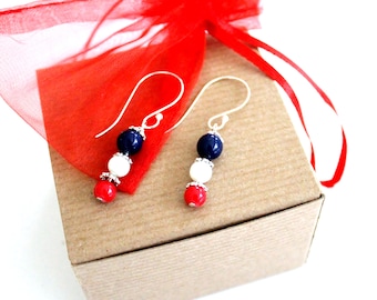 Fourth of July Jewelry Red White Blue Unique Gift Glass Bead Earrings Sterling Silver Ear Wires Patriotic Jewelry Independence Day Dangle