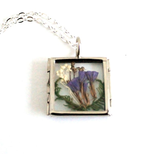 Unique Gift Glass Locket Necklace Pressed Flower Spring Prom Gift Jewelry Nature Jewelry Purple Green Moss Floral Pendant Floral Jewelry