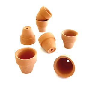 May include: A collection of six small terracotta flower pots arranged in a cluster. Each pot features a classic tapered shape with a wide rim at the top and a drainage hole centered at the base. The pots have a matte, earthy orange-brown finish.
