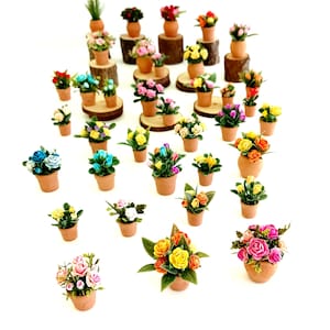 May include: A collection of miniature potted plants featuring various colorful flowers in small terracotta-colored pots. Some pots are placed on small wooden log slices. The flowers include shades of pink, yellow, orange, blue, and white.