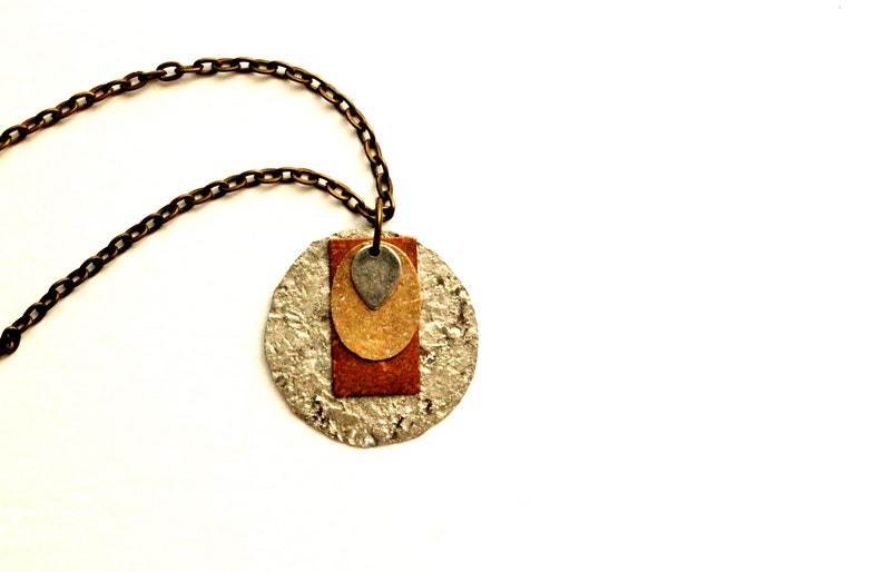 Mixed Metal Boho Jewelry Textured Hammered Natural Brass Sterling Silver Hippie Layered Pendant Statement Necklace Artisan Copper Earthy image 6