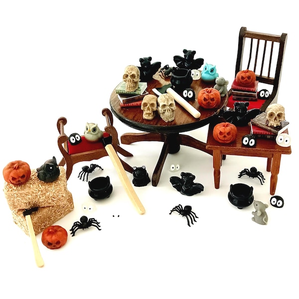 Miniature Halloween Dollhouse Accessories: Skulls, Pumpkins, Bats, Cauldron (1/12 Scale)