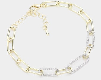 Trendy 14K Gold Plated CZ Stone Paved Two Tone Link Chain Fashion Bracelet, Birthday Gift, Thank You Gift, Travel Bracelet | LB003